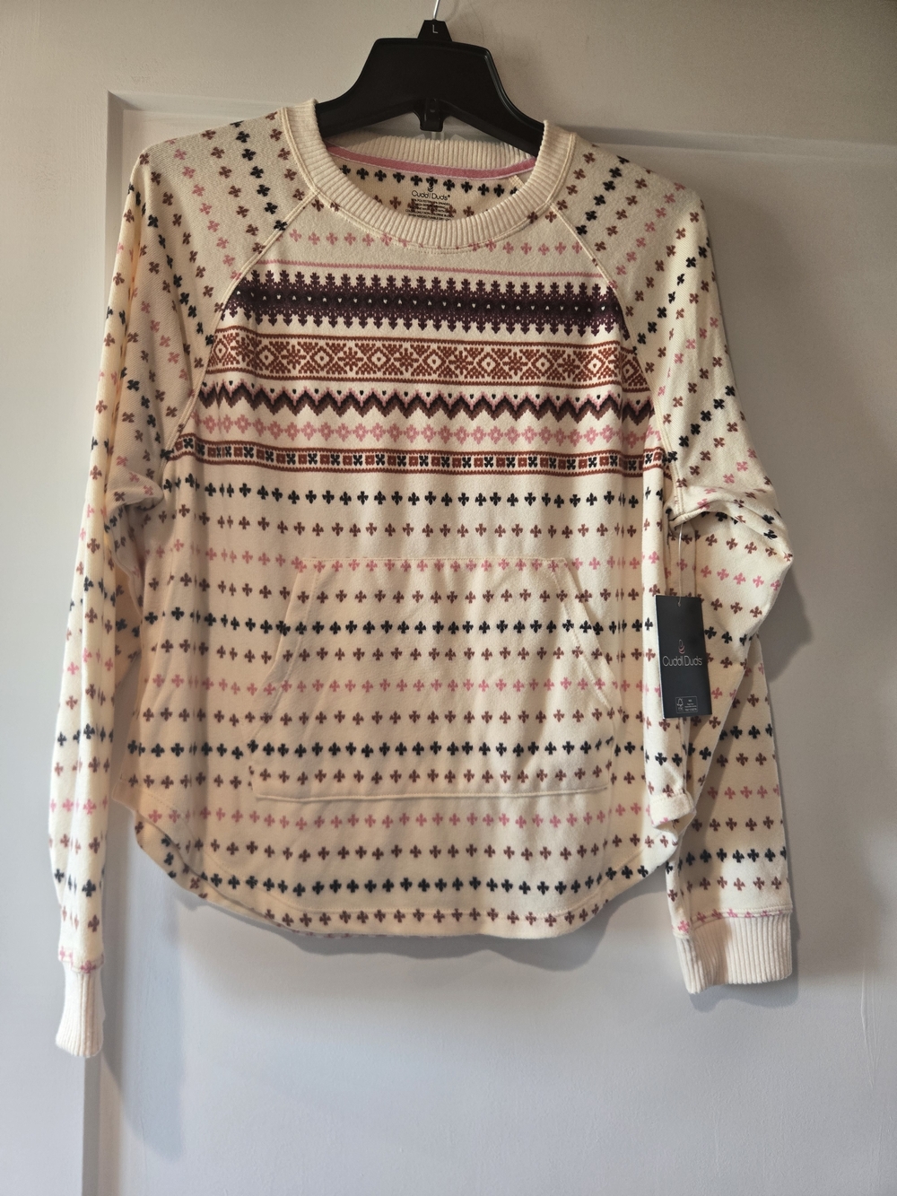 Cuddl Duds Cream Fair Isle Crewneck Sweater with Pink & Brown Patterning